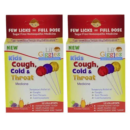 Lil Giggles Kids Medicated Cherry, Grape & Honey Lollipops - Gentle Relief for Kids' Coughs, Sore Throat, Cold Symptoms