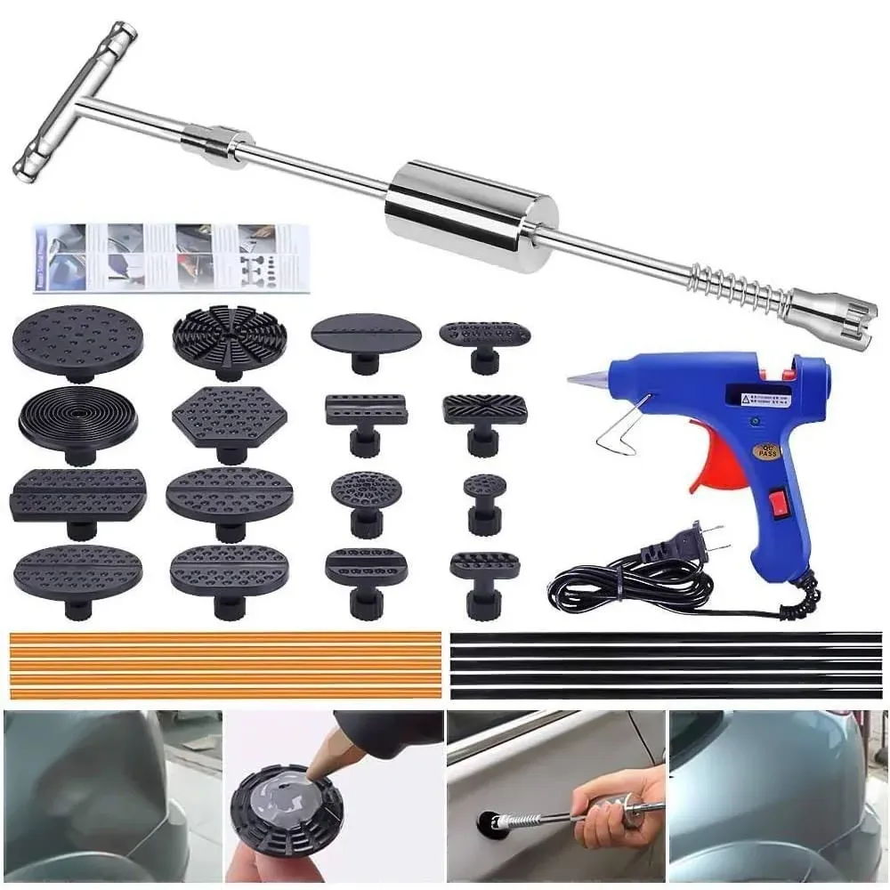 Paintless Dent Repair Puller Kit - Dent Puller Slide Hammer T-Bar Tool with 16pcs Dent Removal Pulling Tabs for Car Auto Body Hail Damage Remover