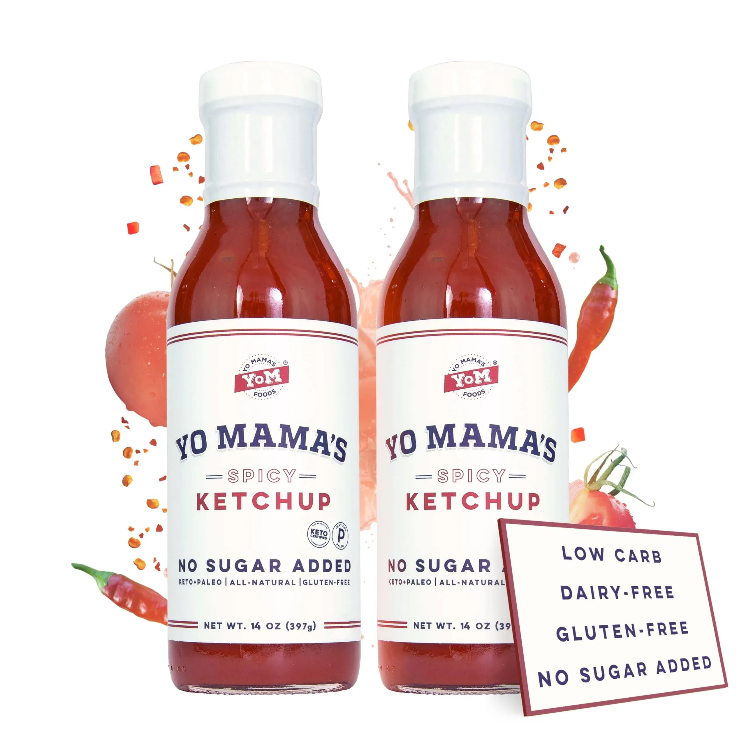 Yo Mama's Foods Keto Spicy Ketchup – Pack of (2) - No Sugar Added, Low Carb, Vegan, Gluten Free, Paleo Friendly, and Made with Whole Non-GMO Tomatoes!