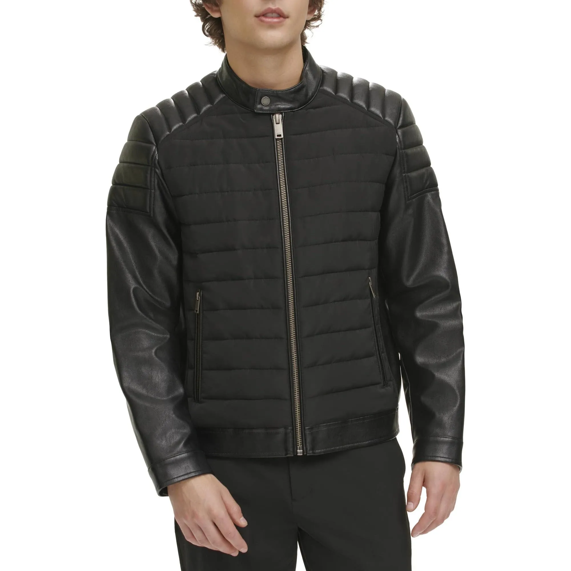 DKNY Men's Mixed Media Faux Leather Puffer Motocros Racer Jacket