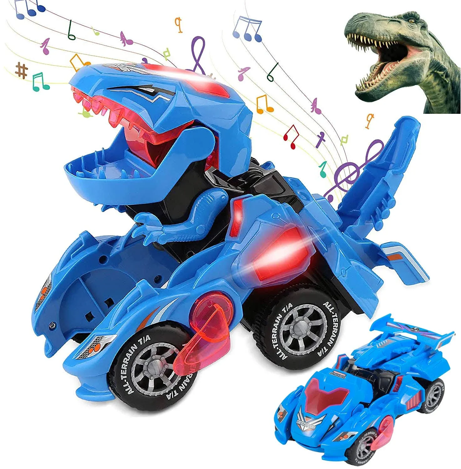 Transforming Toys, 2 in 1 Transforming Dinosaur LED Car Dinosaur Transform Car Toy Automatic Dinosaur Dino Transformer Toy Car Lamps for Kids,Toddlers (Ages 3-12, Blue)