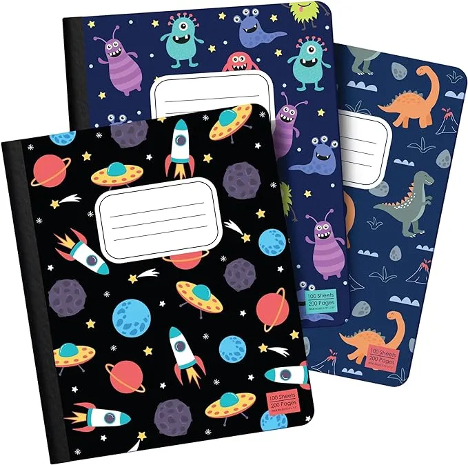 Cute Composition Notebook Wide Ruled, Set of 3 Composition Notebpooks for Kids, Wide Ruled Composition Notebook for Boys and Girls. 100 pages 200 sheets. 9.75” x 7.5”