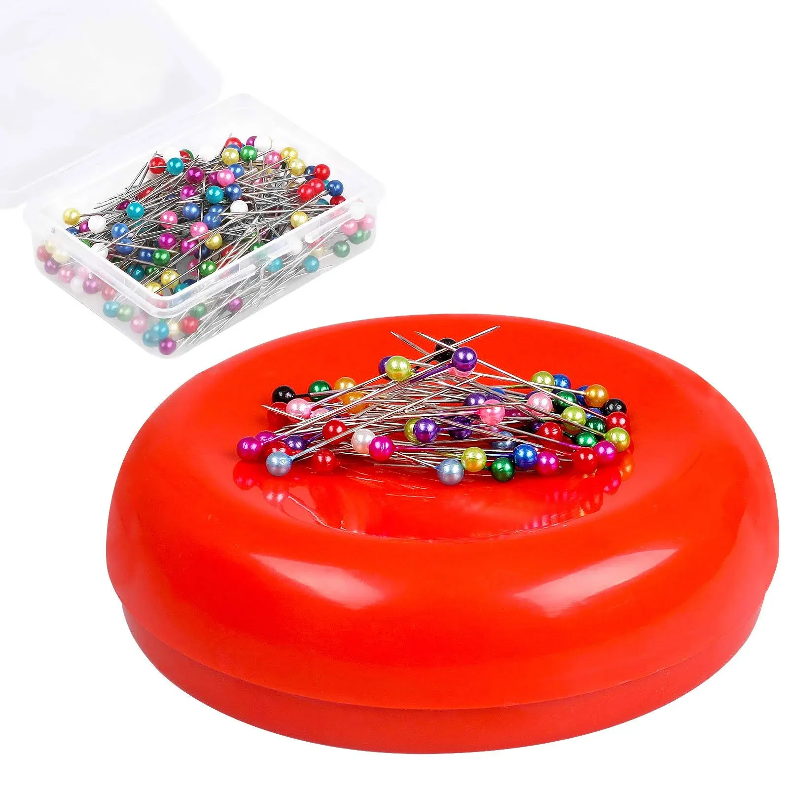 Magnetic Pin Cushion with 200 PCS Sewing Pins, Round Plastic Magnetic Sewing Cushion, Magnetic Pin Holder for Sewing Needles Push Pins Hair Bobby Pins (Red)