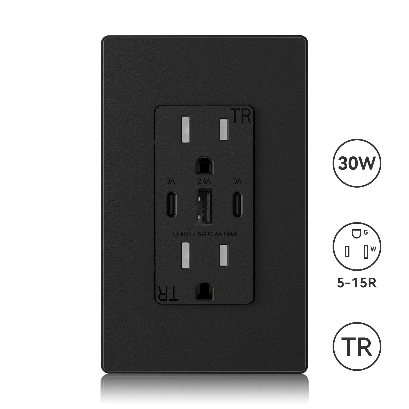 ELEGRP 30W 60 Amp 3-Port USB Wall Outlet, 20A Receptacle with Dual USB Type C ...