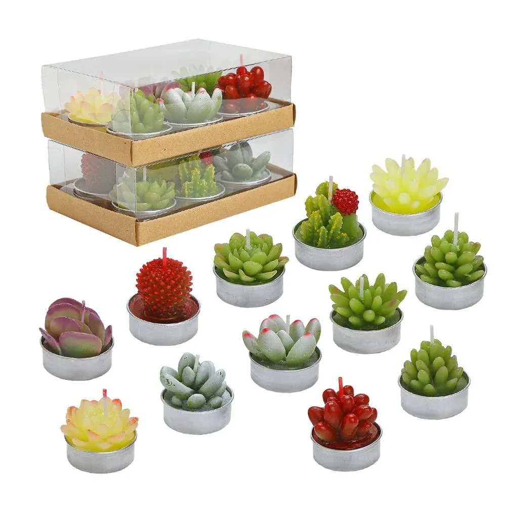 Succulent Cactus Tea Light Candles Cute Plant Shaped Bulk for Birthday Party Wedding Baby Bridal Shower Favor Decor Hostess Gift Sets (12 PCS)