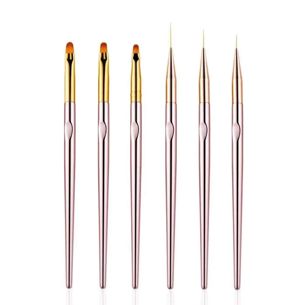 6PCS Nail Art Liner Brushes Set, UV Gel Acrylic Nail Art Drawing Painting Brushes Rose Gold Handle French Stripe Lines Painting Nail Pens