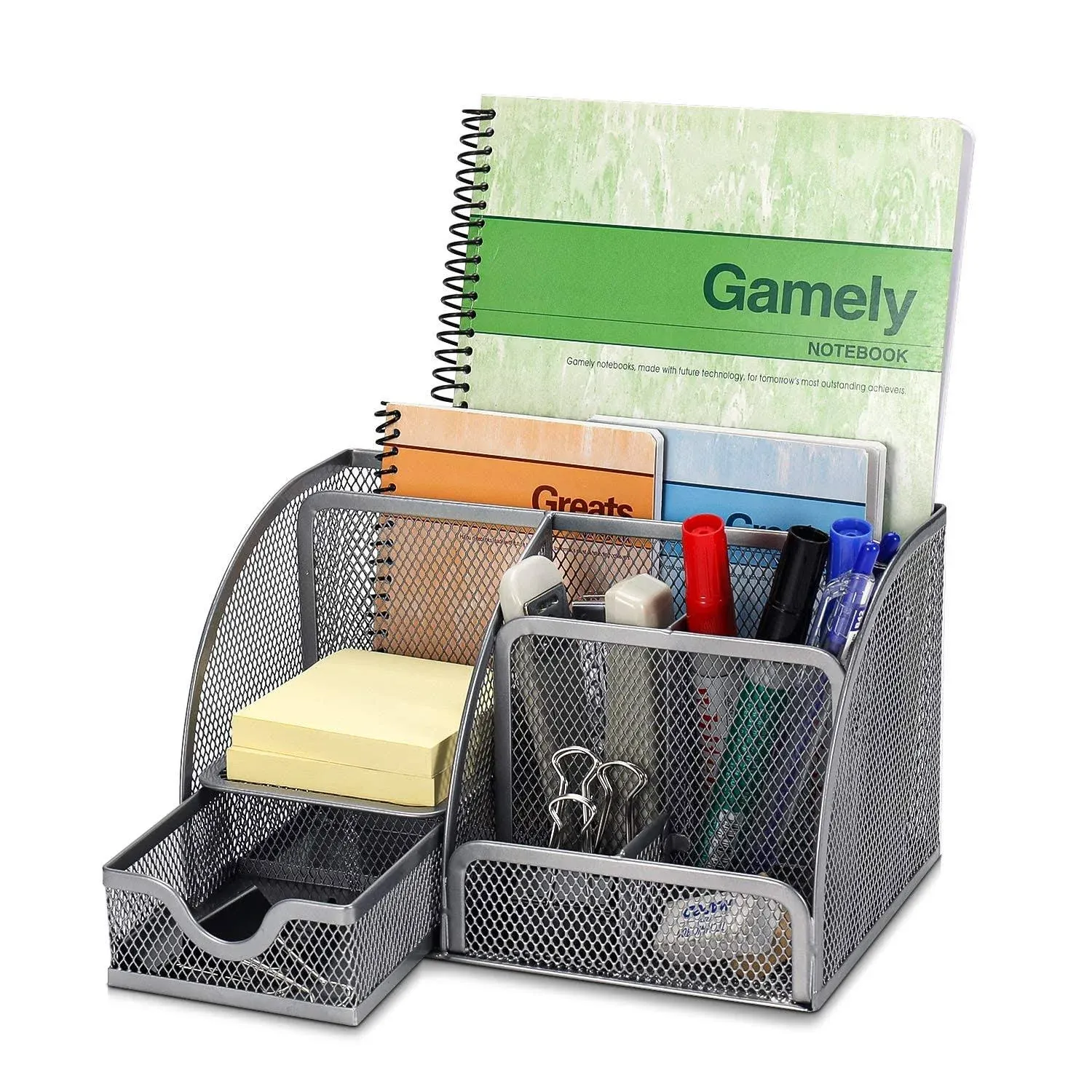 Flexzion Desk Organizer Office Supplies Accessories with Drawer and 6 Compartments (Silver GRAY)