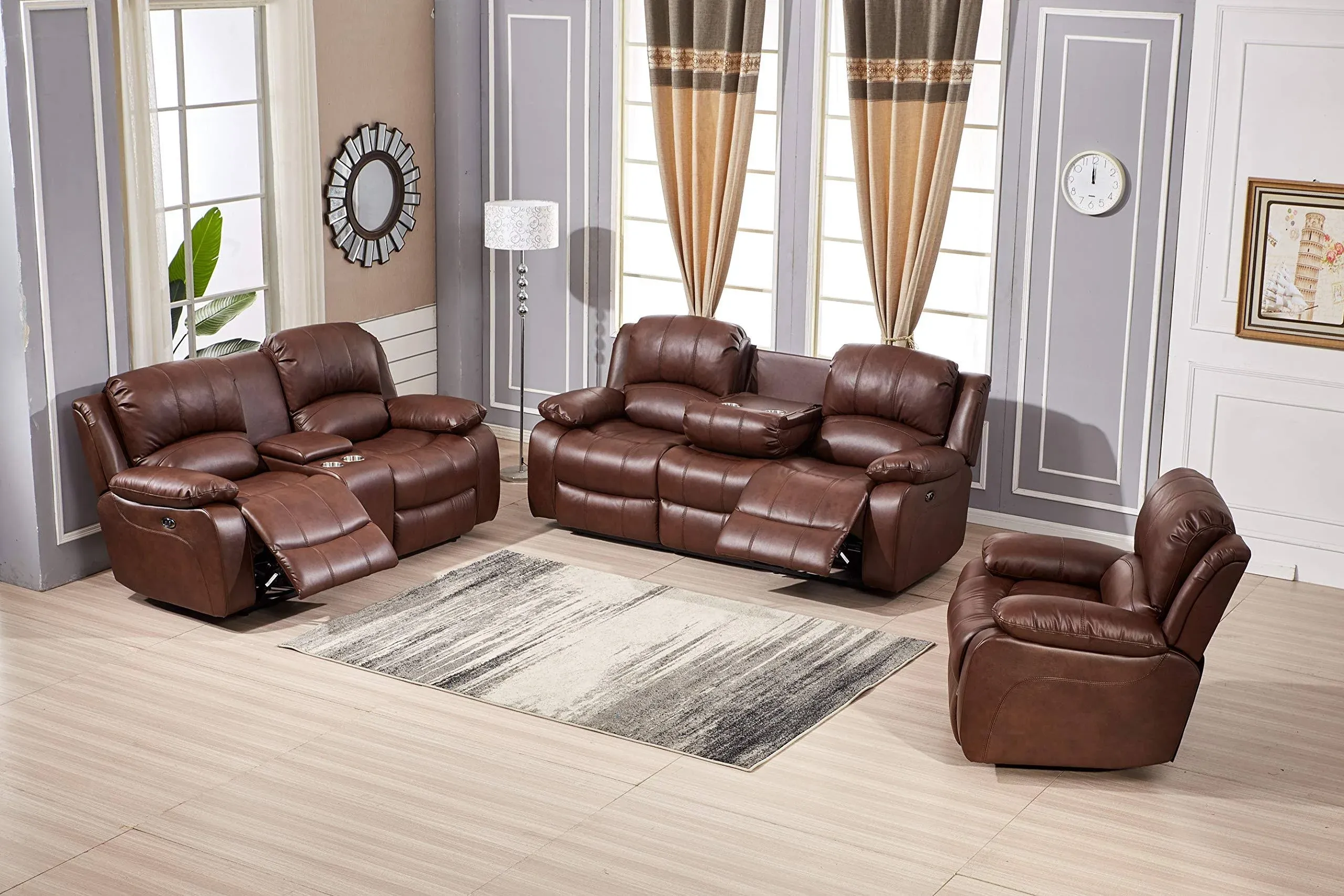 Betsy Furniture Power Reclining Bonded Leather Living Room Set, Brown