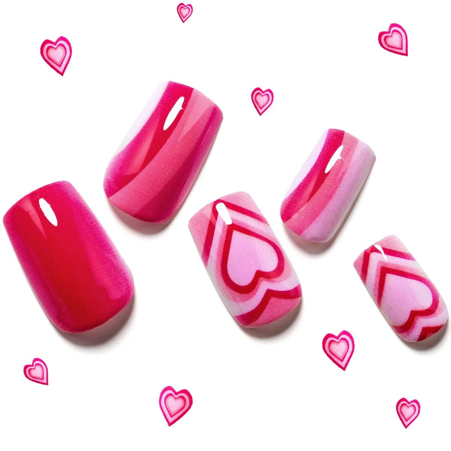 GLAMERMAID Hot Pink Press on Nails Medium Square, Sweet Love Heart Ombre Fake Nails Short, Pop Comic Glue on Nails for Women Girl Gift, Glossy Gel False Nail Kits Reusable Acrylic Stick on Nails