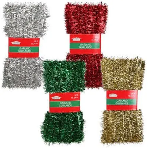 Christmas Decor - Add Sparkle and Pizazz to All Your Holiday Festivities! 50-ft. Tinsel Garlands Assorted Among Green, Gold, Red, and Silver (Set of 4)