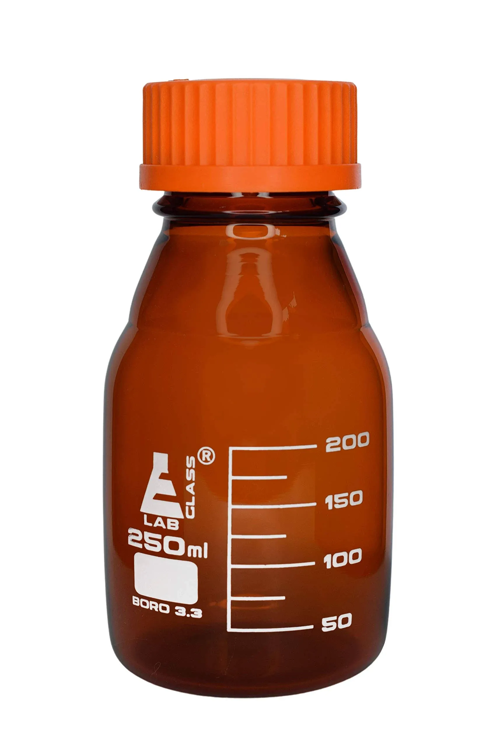 Eisco Labs Reagent Bottle 250ml Amber Colored Glass Orange Screw Cap