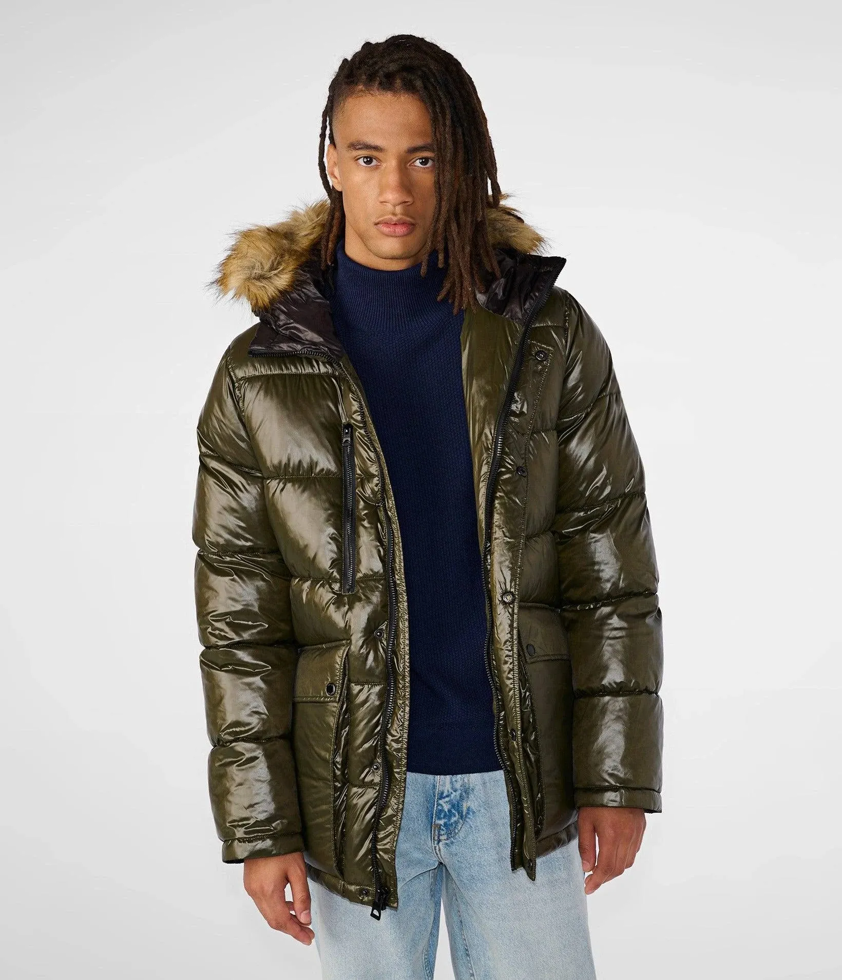 GUESS Men's Mid-Weight Puffer Jacket with Removable Hood