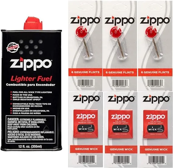 Zippo Gift Set - 12 Fl.oz Fluid Fuel and 3 Wick Card & 3 Flint Card (18 Flints) Bundle with Microfiber Cleaning Cloths