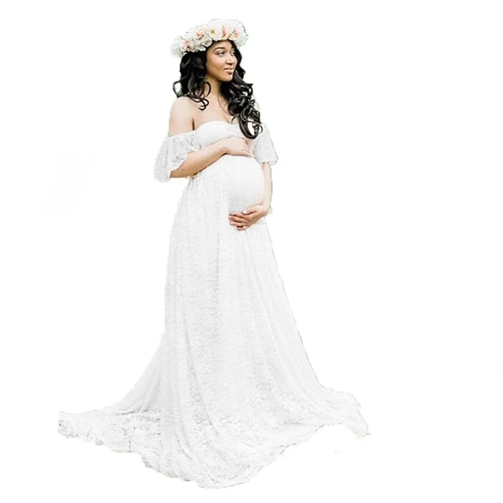 Ricwinann Maternity Off Shoulder Ruffle Sleeve Lace Women's Gown Maxi Photography ...