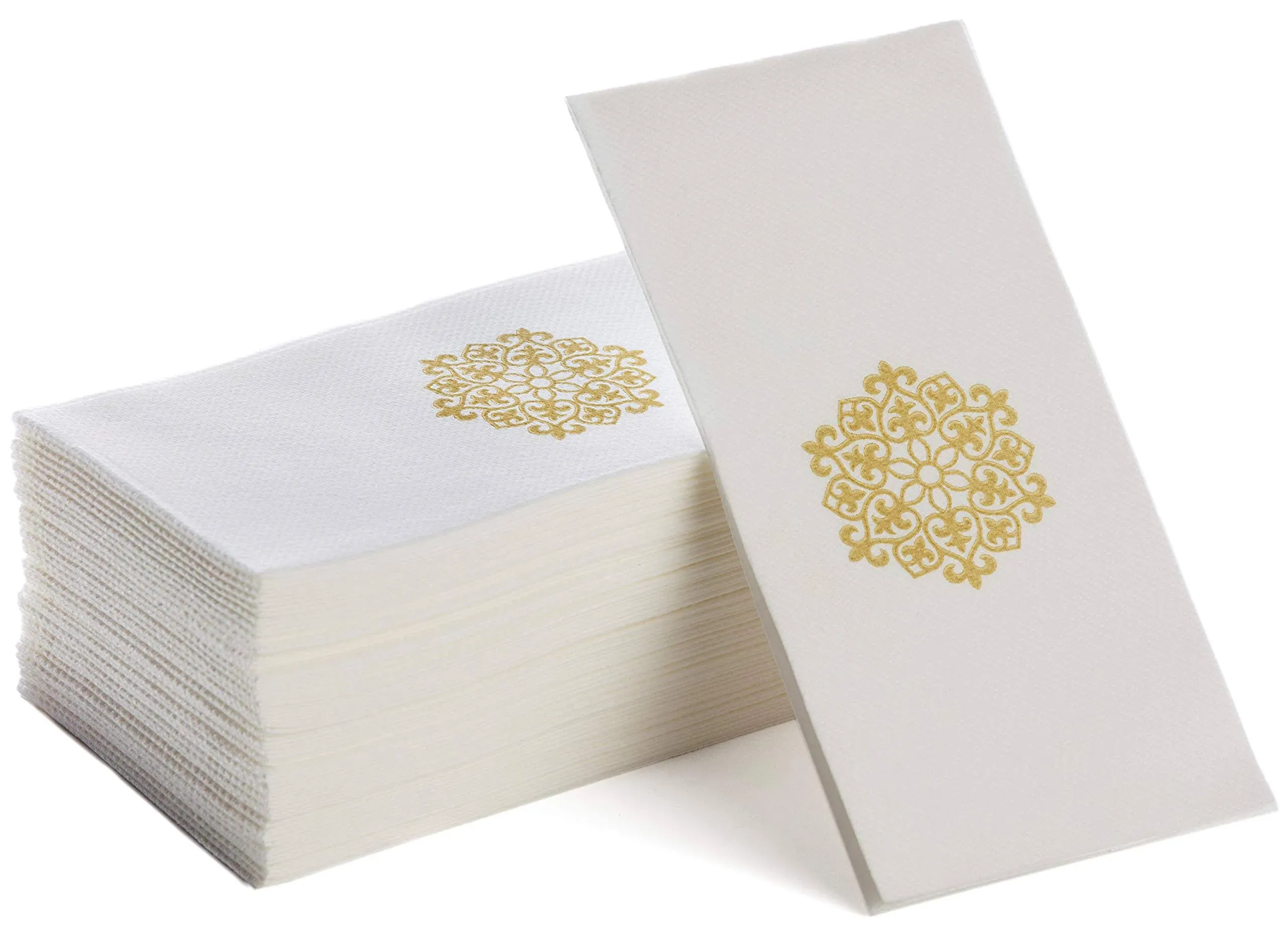 Linen-Feel Guest Towels | Decorative Bathroom Napkins | Soft, Absorbent Disposable Paper Hand Towels for Kitchen, Bathroom, Parties, Weddings, Dinners Or Events White and Gold Napkins 100 Pack