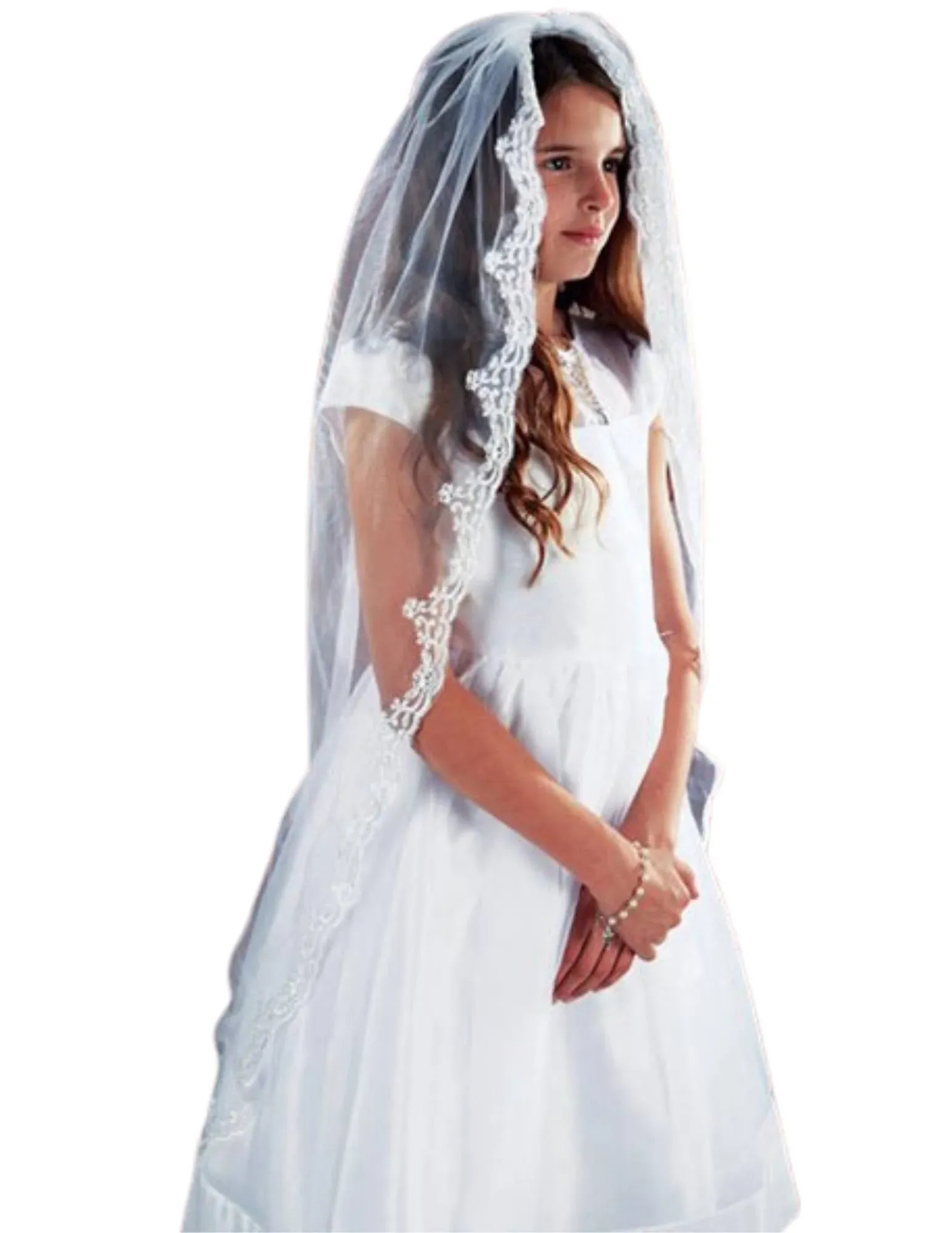 Girls Tulle Lace Edge Mantilla First Communion Veil, White, 45 Inch