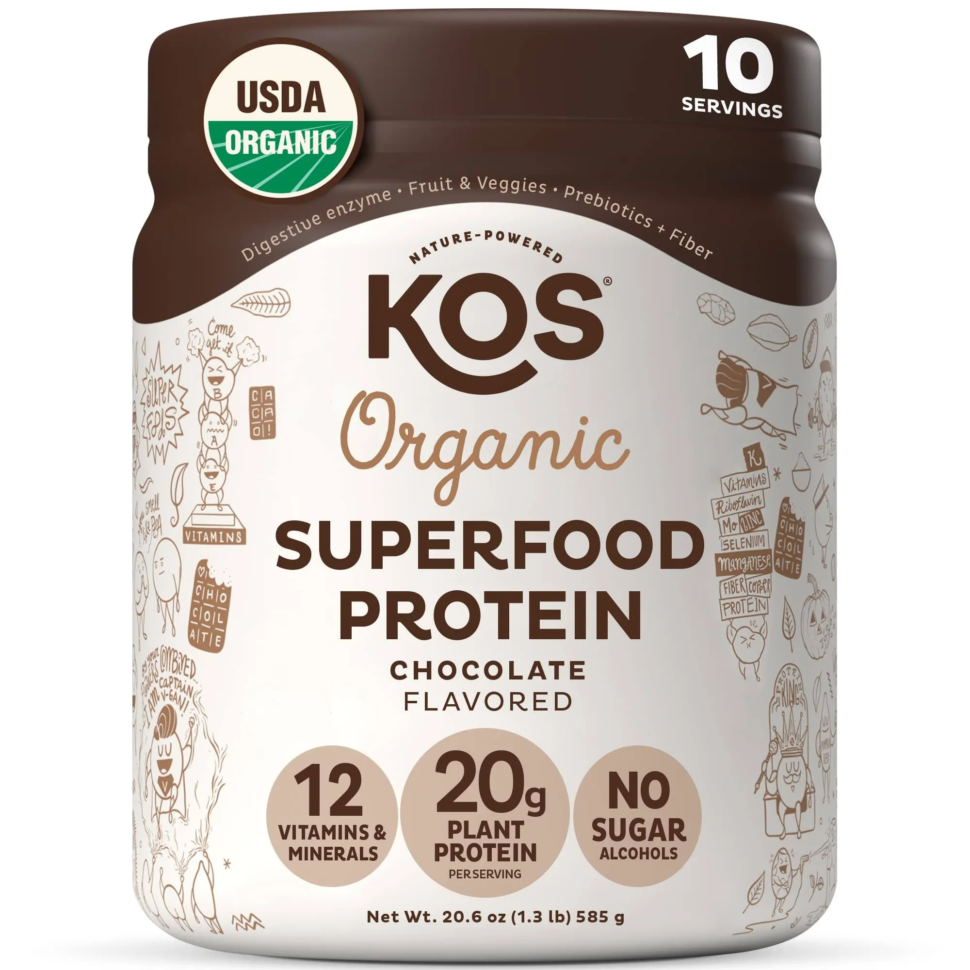 KOS Vegan Protein Powder, Chocolate USDA Organic - Low Carb Pea Protein Blend, Plant Based Superfood with Vitamins & Minerals - Keto, Soy, Gluten Free - Meal Replacement for Women & Men - 10 ServingsKOS Vegan Protein Powder, Chocolate USDA Organic - L…