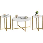 Lamerge Coffee Table Set of 3,Modern Faux Marble Top with Golden Frame,1 Coffee Table & 2 Accent Table, Living Room Table Set, for Apartment,Office and So on,White & Gold (LCTR-W)