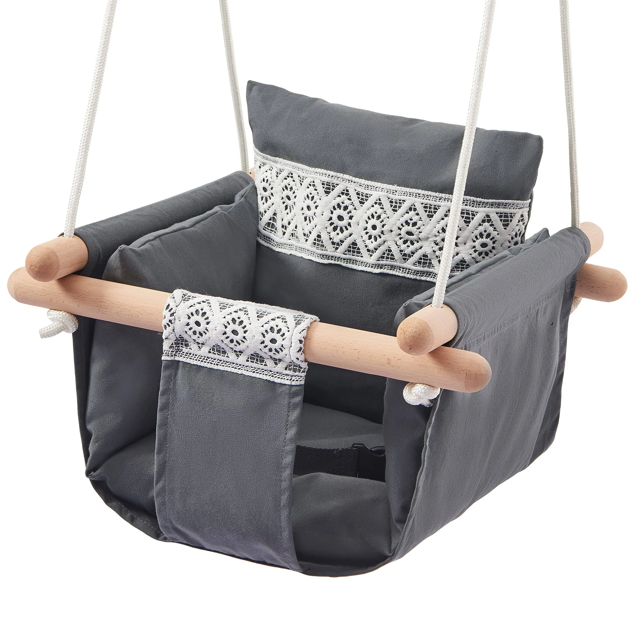 Secure Baby Swing Seat with Safety Belt - Baby Canvas and Wooden Swing Chair with Lace Décor Cushion - Hanging Indoor Swing for Infants & Baby Swing Outdoor - Tree Toddler Swing for Backyard Outside