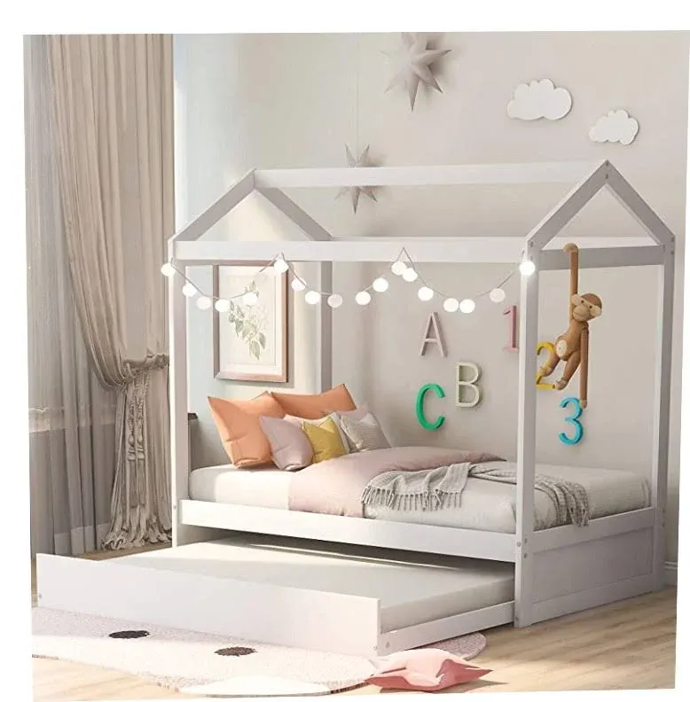 House Bed with Trundle for Kids and Toddlers, Wood Twin Size House Bed Frame, Can Be Decorated, White