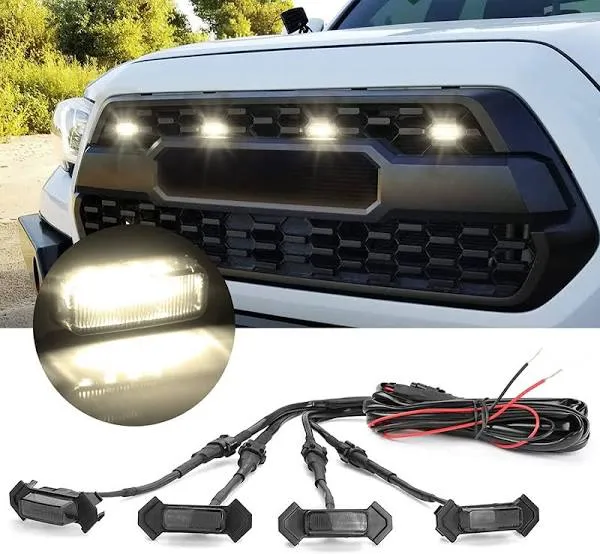 OXILAM LED Grille Lights 4 PCS with Harness & Fuse Adaptor for Toyota Tacoma TRD PRO 2016-2023 OEM Front Grille, Black Shell with Warm White Light, (Warm White)