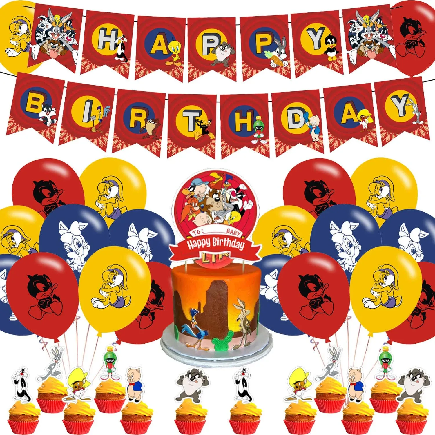 Looney Tunes Party Decorations, Birthday Party Supplies for Looney Tunes Party Supplies Includes Birthday Banner - Cake Topper - 12 Cupcake Toppers