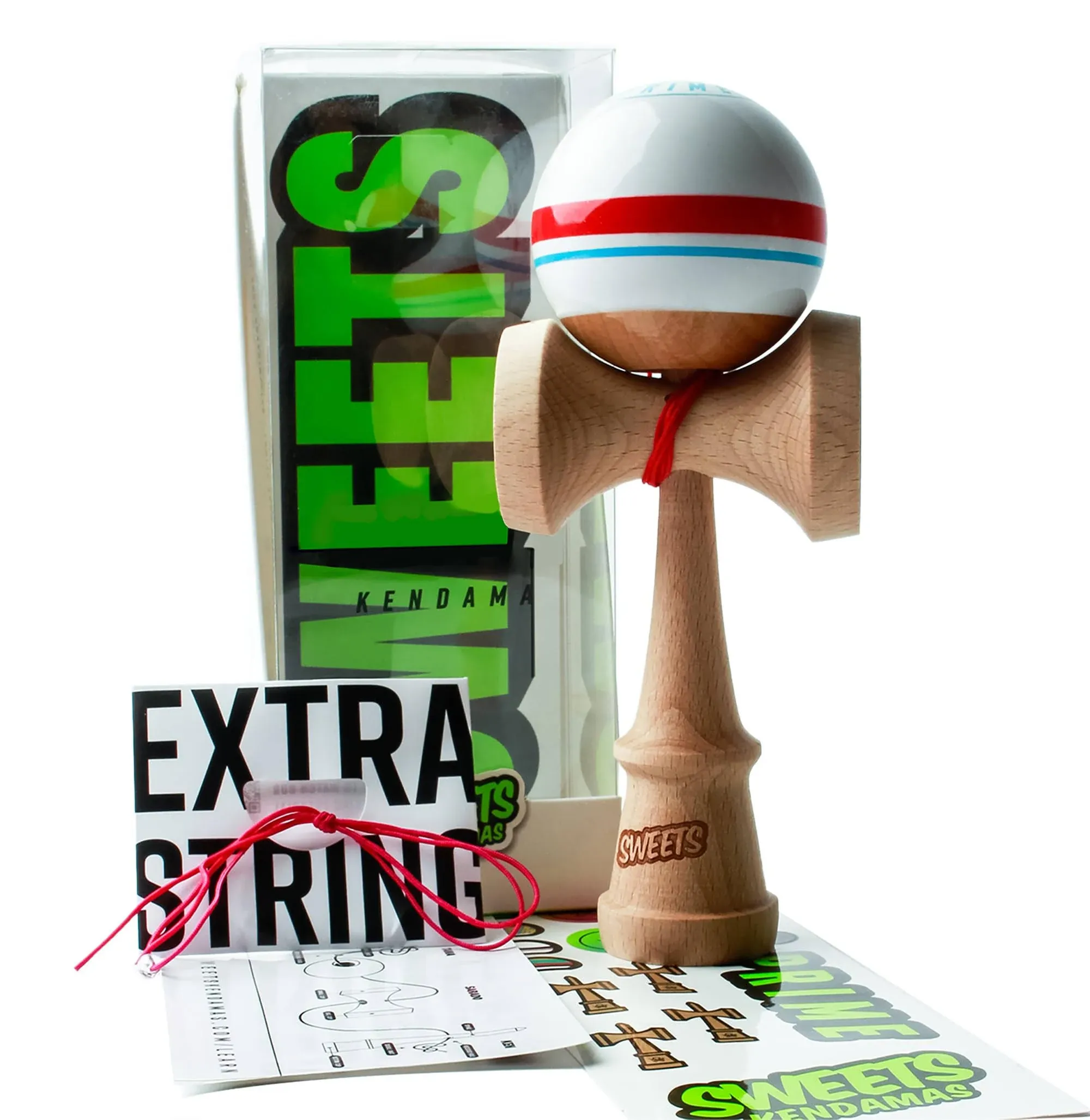 Sweets Kendamas Boost Sport Stripe Kendama - Sticky Paint, Improves Hand Eye Coordination, Reflexes, Stripe Design, Extra String Accessory Gift Bundle (Racer)