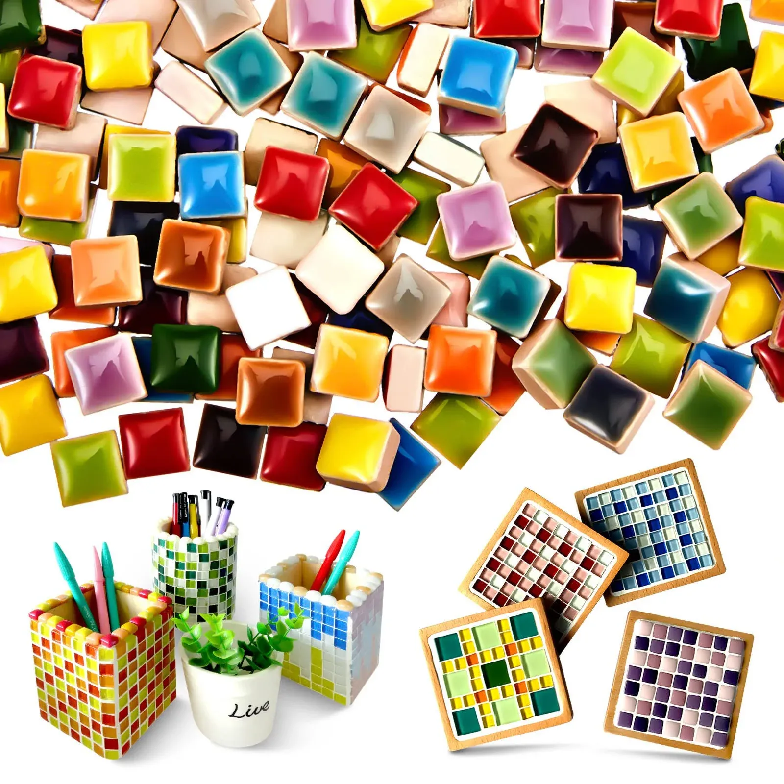 400G Colorful Ceramic Mosaic Tiles for Crafts, Square Ceramic Mosaic Tiles Stain