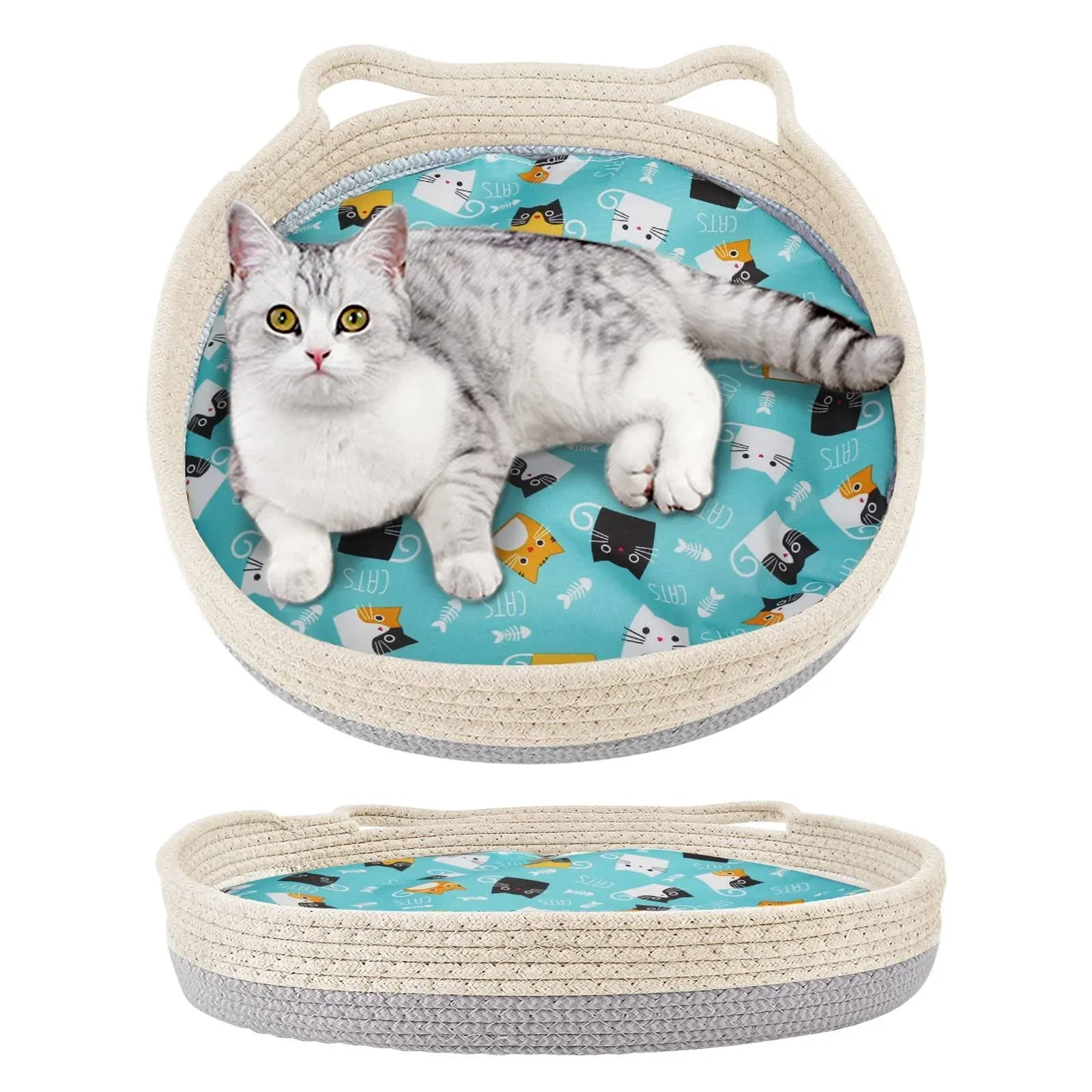 Round Cat Bed for Indoor Cats, Cat Basket Bed, Wicker Cat Donut Beds, Cooling Cat Nest for Summer Sleeping, Washable Pet Pad for Cat Scratching, Blue Grey