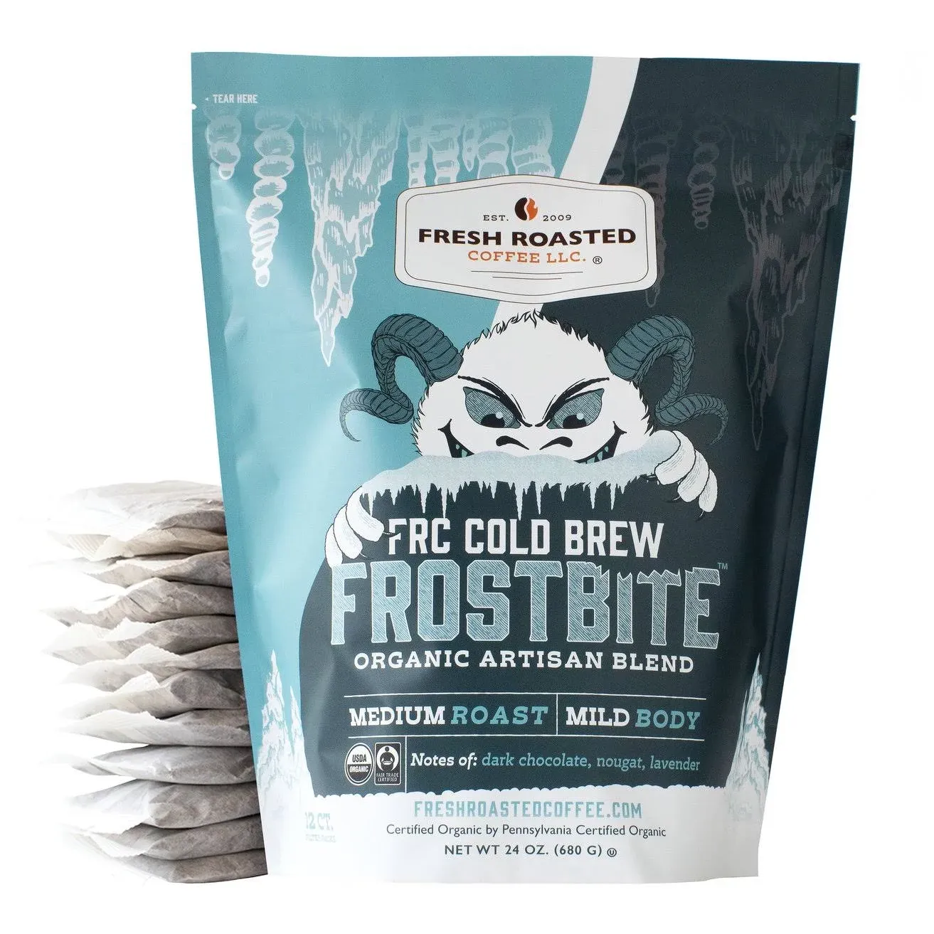 Fresh Roasted Coffee, Organic Frostbite Cold Brew Filter Packs, Medium Roast, 12 Count, 24 oz