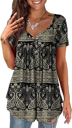 FOLUNSI Women&#039;s Plus Size Shirts Casual Blouse Short Sleeve Button Up Tunic Tops