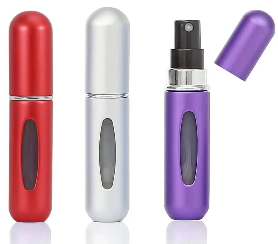 Refillable Perfume Mini Portable Perfume Bottle Empty Spray Bottle Atomizer Bottom Refill Pump Case for Traveling and Outgoing 5 ml (Purple, Red, Silver)