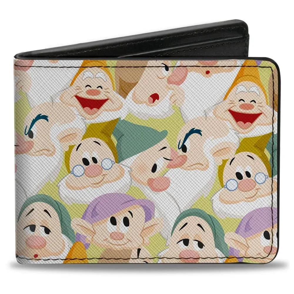 Buckle-Down Men's Disney Wallet, Bifold, Snow White The Seven Dwarfs Faces Stacked Yellow, Vegan Leather, 4.0" x 3.5"