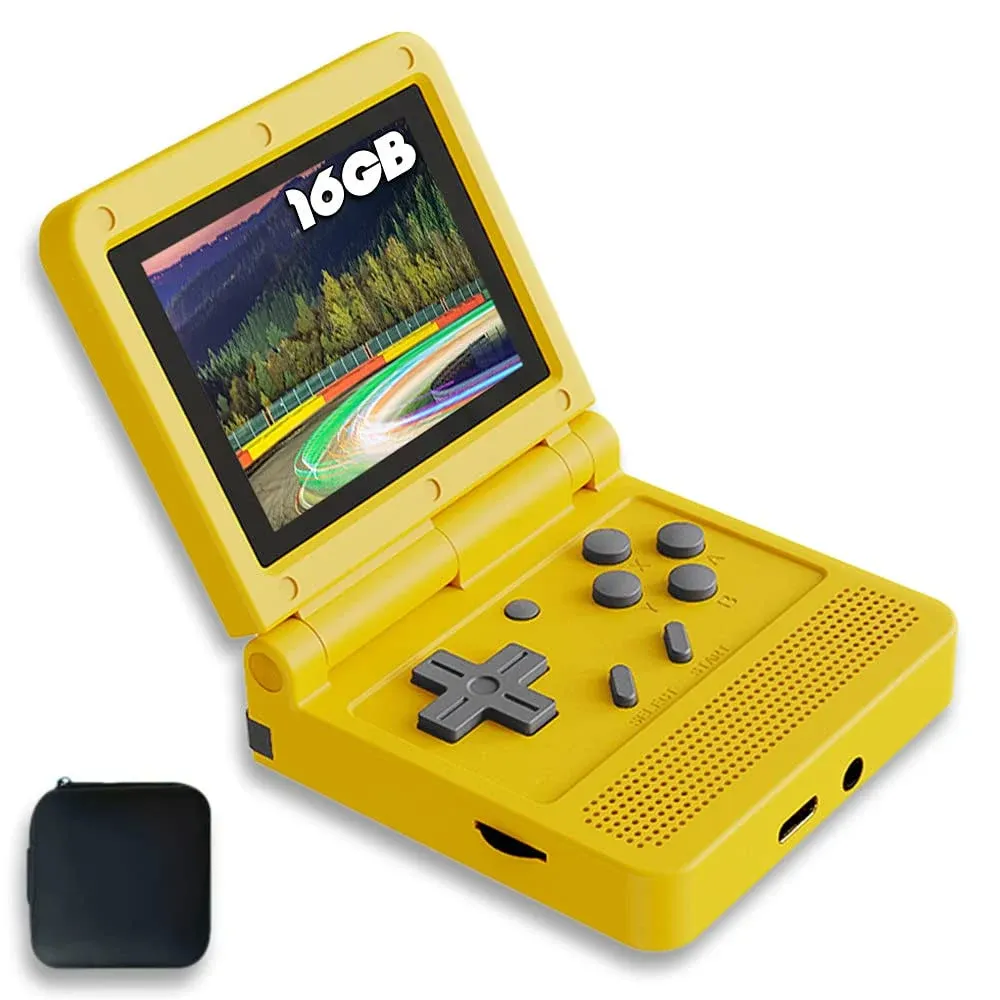 Handheld Game Console 3 inch Retro Clamshell Games Consoles Built-in Rechargeable Battery Portable Style Hand Held Game Video Consoles System V90 Yellow with Case 16GB