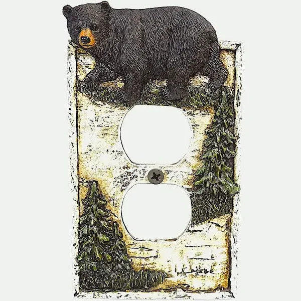 BestGiftEver Black Bear Duplex Outlet Cover with Pine Trees: Rustic Birch Tree Decorative Wall Plate - Woodland Nature-Inspired Home Decor - Rustic Cabin & Lodge Decor