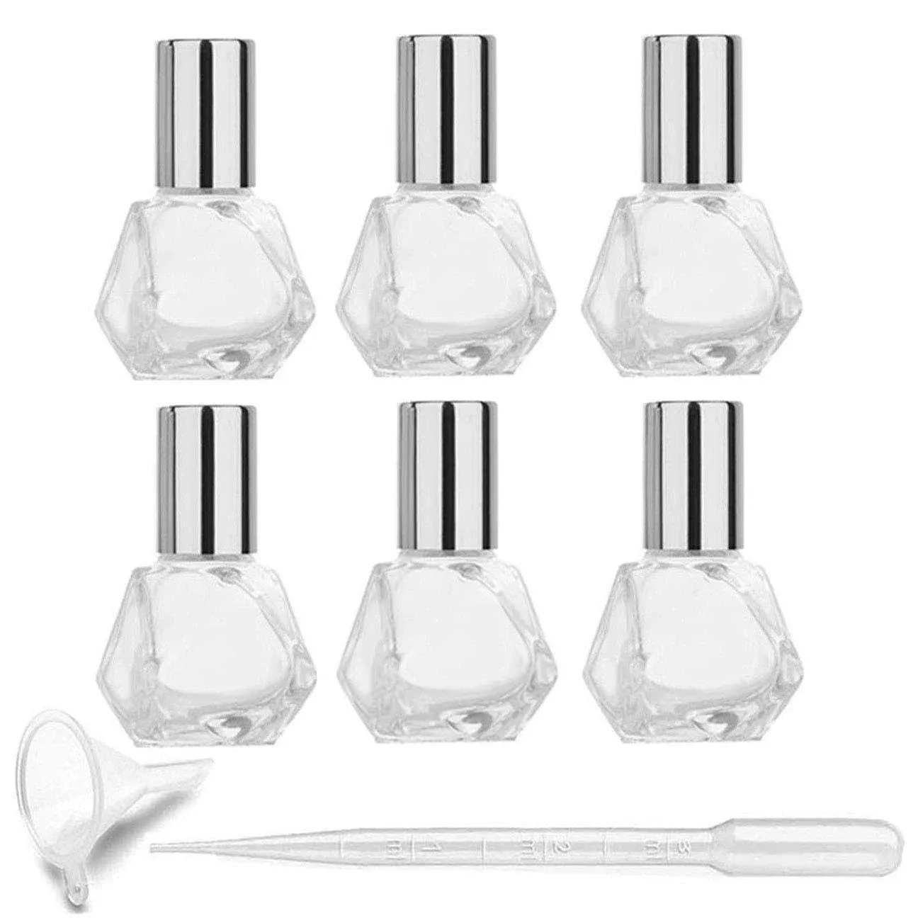 6Pcs 5ml (1/6 oz) DIY Travel Essential Oil Roller Bottle Polygonal Clear Glass Cosmetic Contaners Vials for Essential Oils Perfumes Aromatherapy, 1pc Funnel and Dropper, Roll on Bottles with Silve Cap