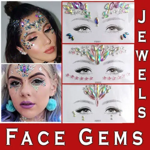 Skeleton Face Gems Jewels Halloween Temporary Face Tattoos Rhinestone Face Je...