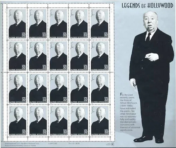 USPS Alfred Hitchcock (1899-1980) Legends of Hollywood (Sheet of 20) 32 Cent Postage Stamps 1998 Scott #3226