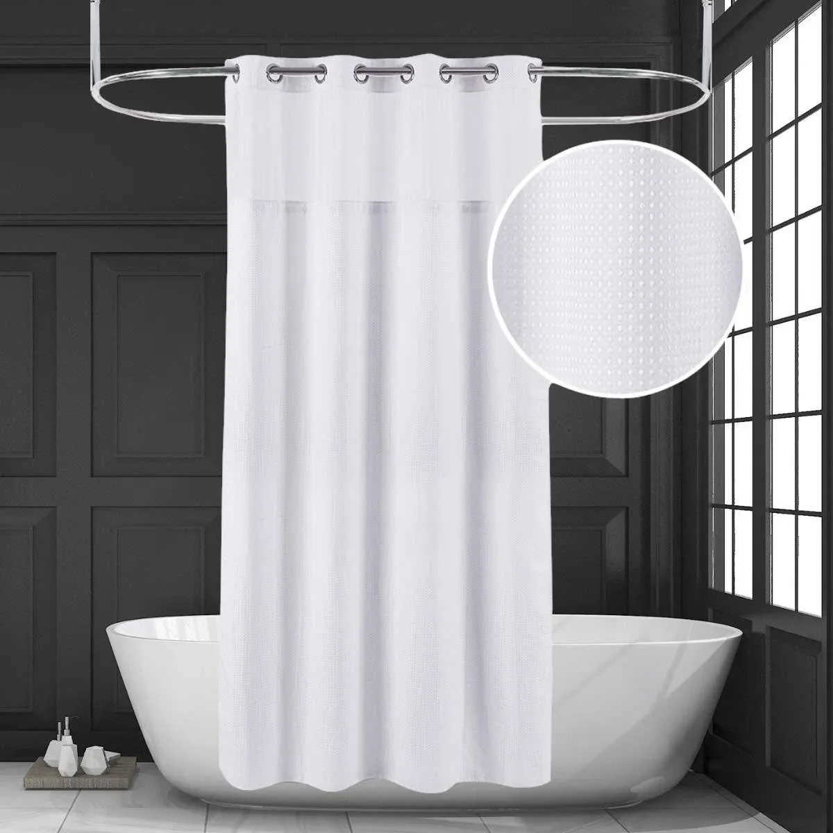 Ecoehoe White Waffle Weave Fabric No Hooks Shower Curtain with Removable Liner