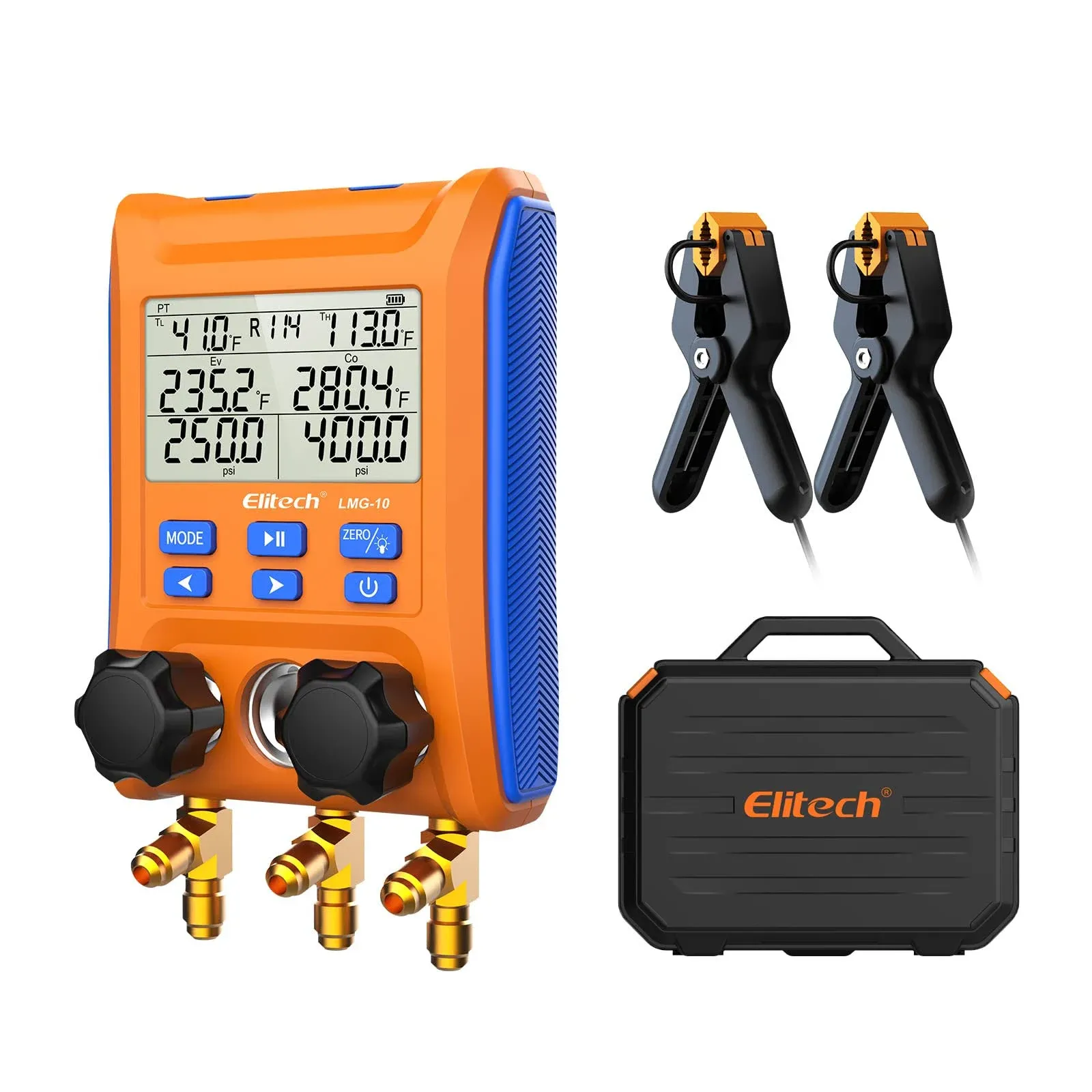 Elitech LMG-10 HVAC Digital Manifold Gauge 2 Valves with Thermometer Clamps