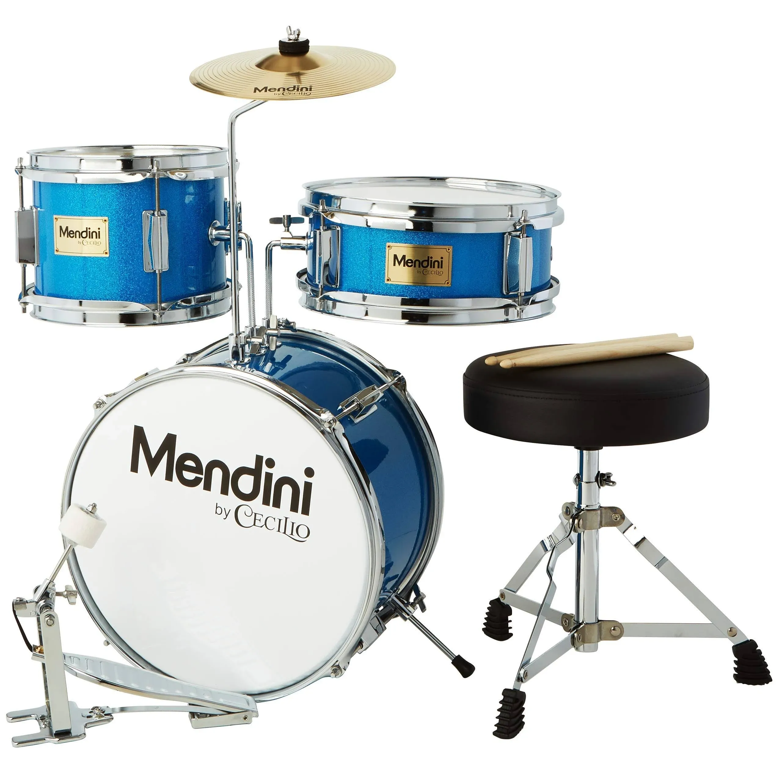 Mendini by Cecilio 13 inch 3-Piece Kids/Junior Drum Set with Throne, Cymbal, Pedal & Drumsticks, Metallic Blue, MJDS-1-BL