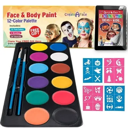 Face Painting Kit for Kids Party - 12 Amazing Colors, Face Paint Stencils, Makeup Brushes - Non-Toxic, Washable Facepaint Set for Kids Party - Includes Professional Tutorial Ebook