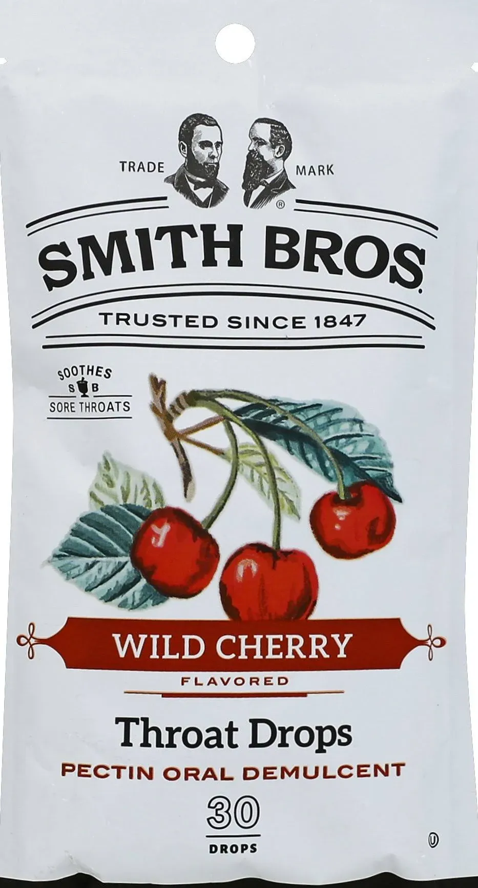 Smith Bros. Wild Cherry Sore Throat Drops, with Pectin - Vintage Candy Throat Lozenges - The Original American Cough Drop, Bag of 30ct Drops (Pack of 3)