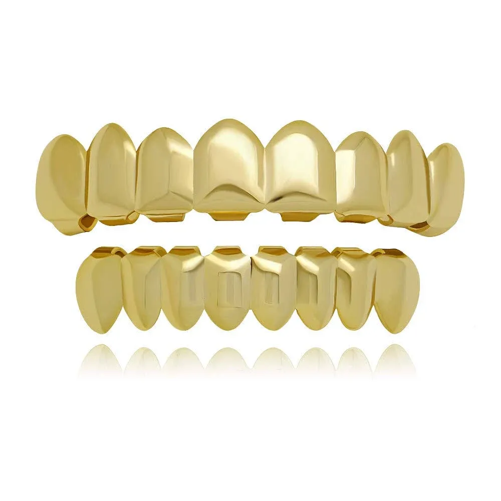 LuReen 8 Teeth Grillz 14k Gold Top and Bottom Grills Set Shiny Hip Hop Teeth Grillz + Extra Molding Bars for Halloween Costume Cosplay