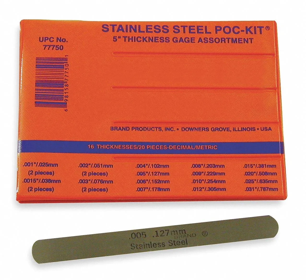 Precision Brand 77750 Stainless Steel Thickness Feeler Gage, 1/2" Width, 5" Length, 20 Blades