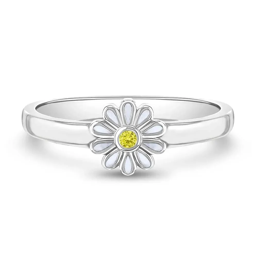 925 Sterling Silver White Enamel Daisy Flower Ring for Little Girls to Preteens Sizes 3,4 & 5 - Adorable Girls Enamel Floral Ring - Trendy Colorful Daisy Hypoallergenic Ring for Preteen Girls