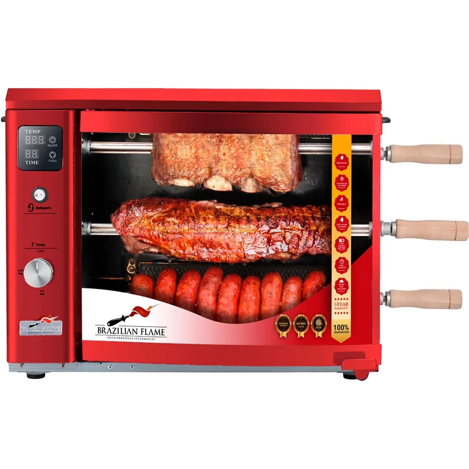 Brazilian Gas Rotisserie Grill with 3 Skewers - Red