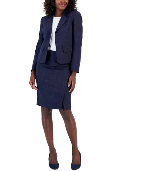 Le Suit Women's Check Three-Button Jacket & Skirt Suit, Regular and Petite Sizes - Navy - Size 12