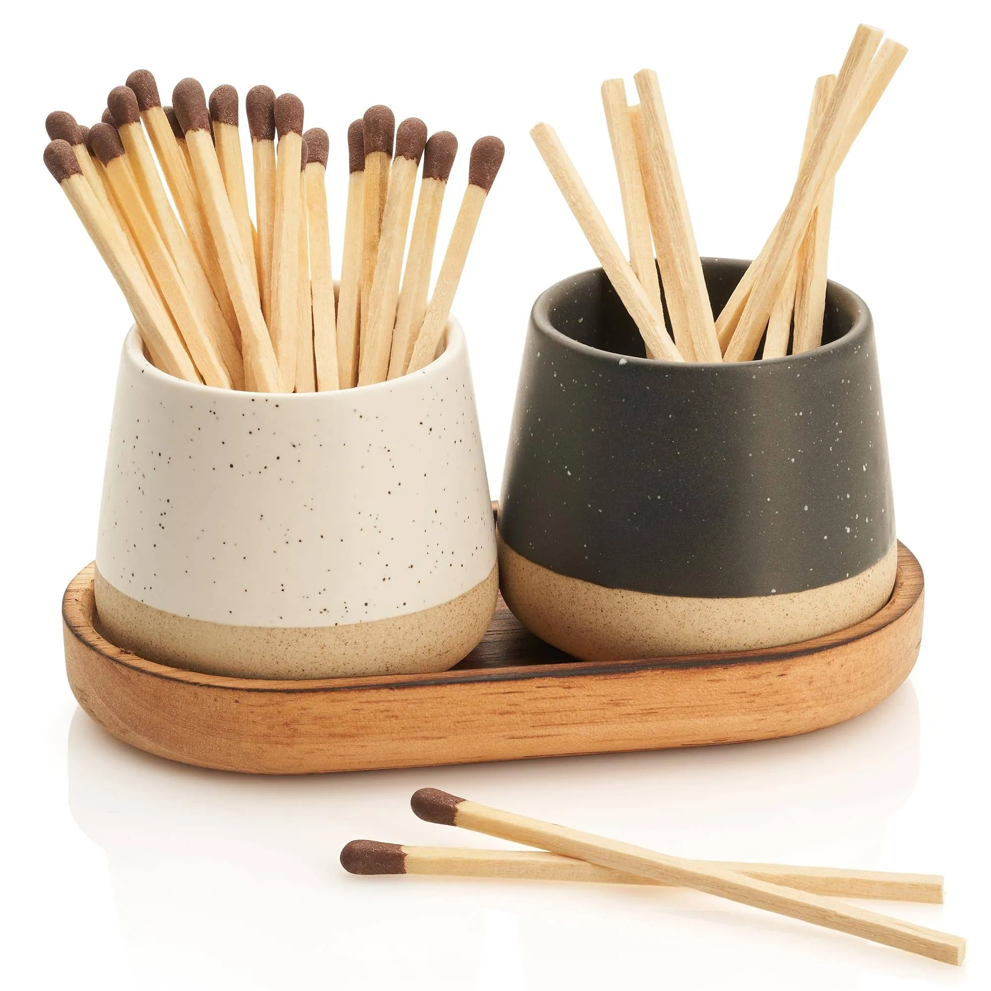 Decorative Ceramic Match Holder with Wooden Tray - Set of 2 Beautiful Matte Holders with Striker are an Upgrade to Any Home Decor - Enhance Your Living Room with Cute Jars - Matches Not Incl.