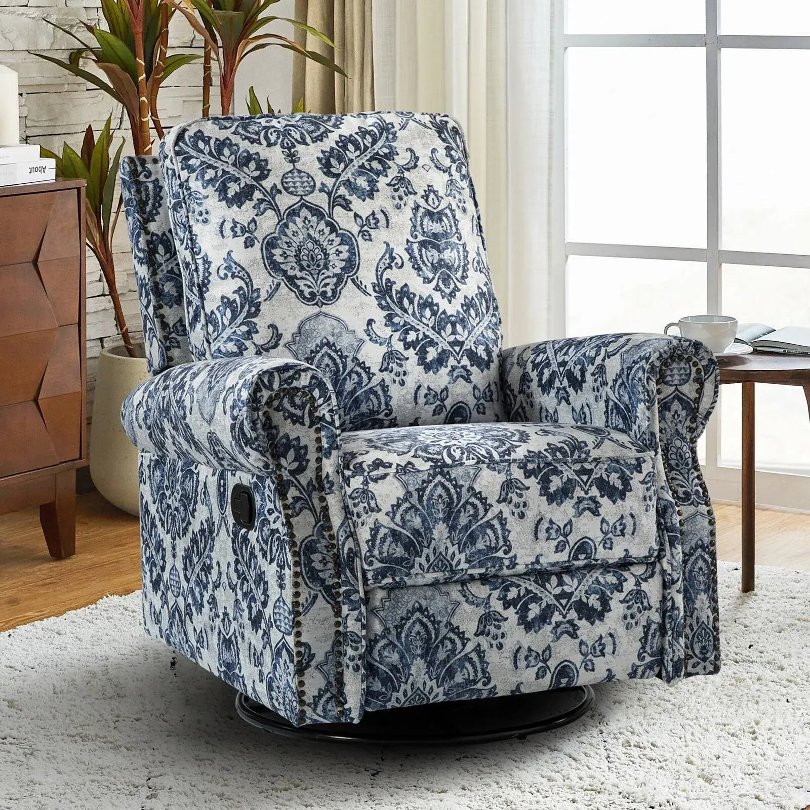 HULALA HOME Roderich Farmhouse Floral Swivel Glider Recliner with Rolled Arms Set of 2 by Blue